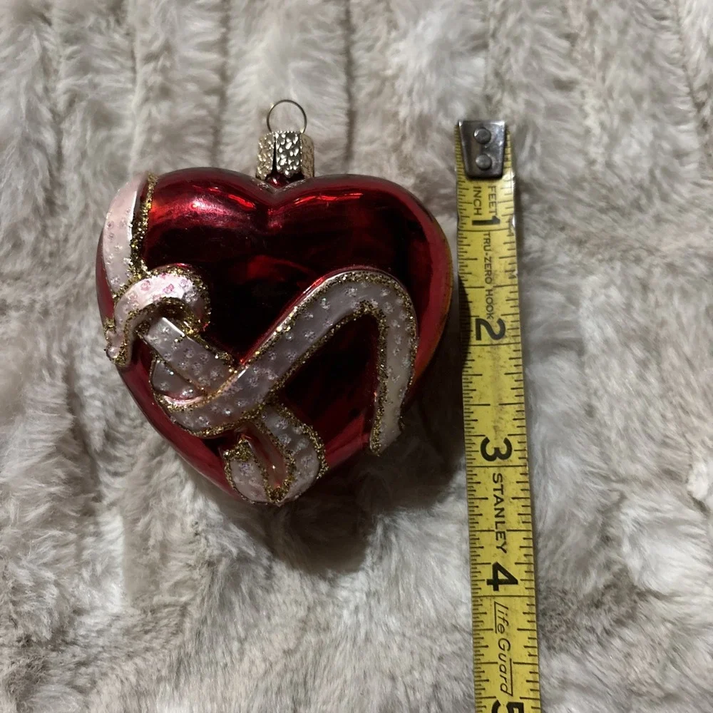 Blown Glass Red Heart Ornament Pink Ribbon Glitter